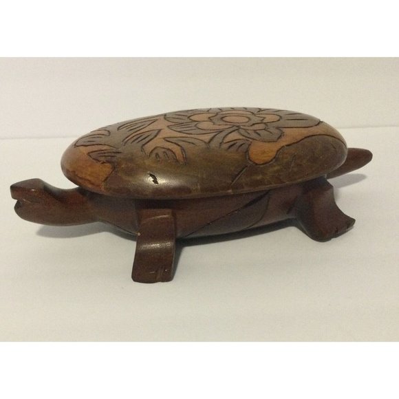 Vintage Wood Carved Turtle Nut Bowl Trinket Box - Picture 1 of 6